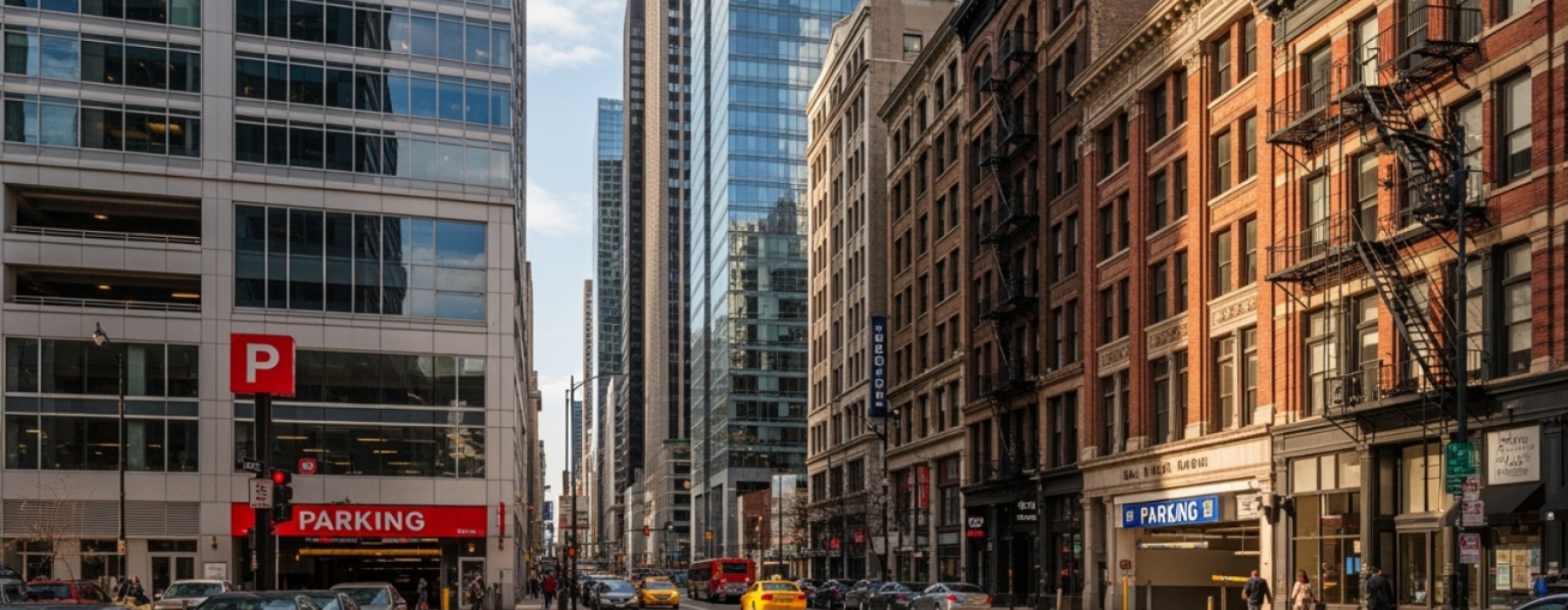 Chicago street with diverse parking options, showing both older buildings and modern structures - Chicago apartments with parking