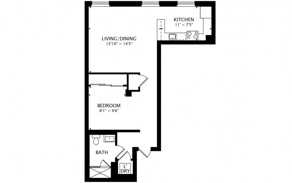 A5 - Studio floorplan layout with 1 bath and 727 square feet.