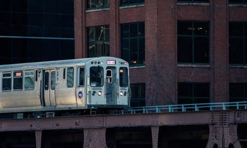 CTA train tracker L train arriving at downtown Chicago station