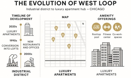 Aerial view of West Loop Chicago showing modern apartment buildings, historic warehouses, and the vibrant urban landscape Aerial view of West Loop Chicago showing modern apartment buildings, historic warehouses, and the vibrant urban landscape