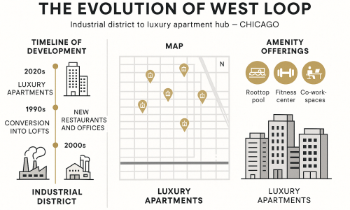 Aerial view of West Loop Chicago showing modern apartment buildings, historic warehouses, and the vibrant urban landscape Aerial view of West Loop Chicago showing modern apartment buildings, historic warehouses, and the vibrant urban landscape